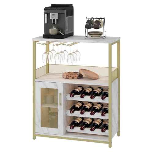 Garvee Weinschrank Weinregal Industrial Barschrank mit Verstellbarem Weinregal und Glashalter Getränkeaufbewahrung Weinbarschrank für Küche Esszimmer Wohnzimmer 70x35x92 cm Gold