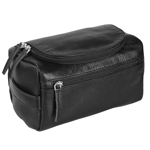 ELIZO Premium REAL Leather Toiletry Bag for Men Dopp Kitt Hanging Mens Toiletry Large TSA Toiletries Bag Shaving Grooming Bag Organizer Black