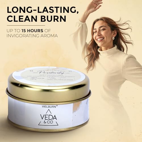 Image of Welburn Veda&Co Scented Wax Candle - Induces Positivity | Aromatherapy Travel Tin Candle for Home Decor & Relaxation | 100% Soy Wax | Long-Lasting 15 Hours Burn Time | 85gm Portable Jar Candle