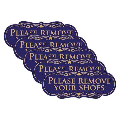 All Quality Designer Please Remove Your Shoes Wall or Door Sign - No Shoes Signage | Easy Installation - Blue/Gold - Large (5 Pack)