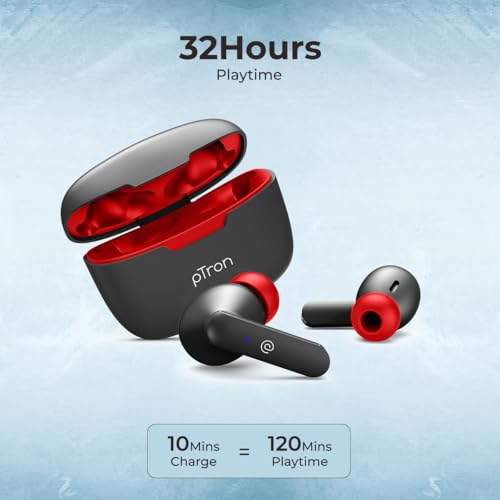 Image of pTron Basspods P81 in-Ear Wireless Earbuds, Pristine Sound, 32Hrs Playtime, Clear Calls TWS Earbuds, Bluetooth V5.1 Headphone, Type-C Fast Charging, Voice Assist & IPX4 Water Resistant (Black & Red)