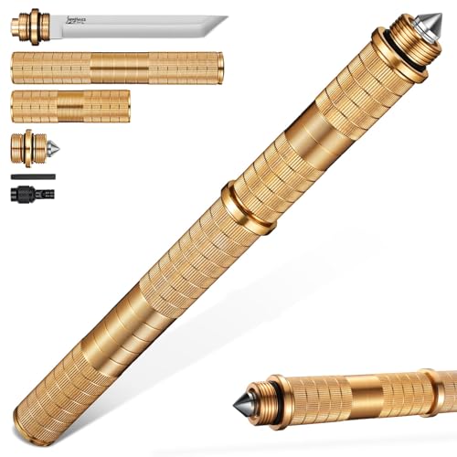 Japaknives 5 in 1 Survival Messer Outdoor Feststehende Klinge Tanto Messer Multifunktionsstock mit Pfeife Glasbrecher D2 Stahl Abnehmbares Bushcraft Messer für Männer Goldenes