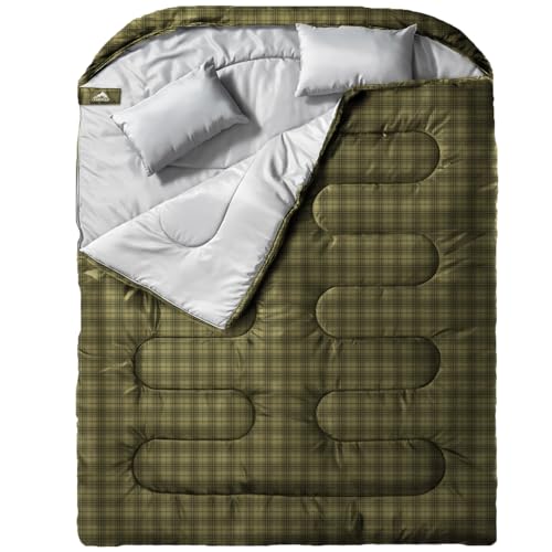 MEREZA 寝袋 2人用 オールシーズン 防水寝袋 コンパクト 封筒型210T防水シュラフ 連結解体可能 防災・避難・車中泊・アウトドア用 丸洗い可 快適使用温度5℃ 枕2個・収納バッグ付き (グリーンチェック柄)