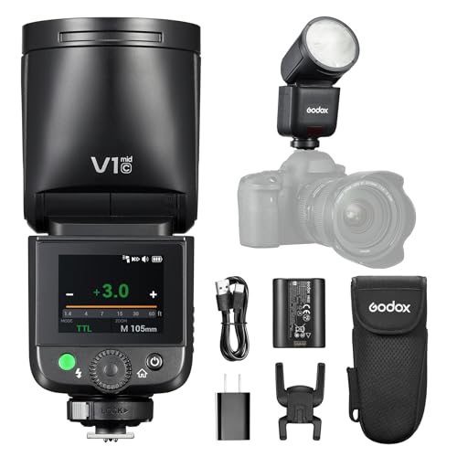 Godox V1 Mid C TTL Round Head Speedlite for Canon – Lightweight Travel Flash, Touchscreen, 55Ws, 1.7s Recycle, HSS 1/8000s, 650+ Full-Power Pops, USB-C, AK-R1 Magnetic (R5 R6II R8 R50)