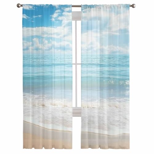 Ocean Beach Theme Sheer Curtains 72 Inch Length 2 Panels Set for Living Room/Bedroom, Tropical Sea Sky View Beach House Theme Semi Curtain Sheers Drapes Rod Pocket Curtains Window Treatment Set by PIEPLE - Image 2