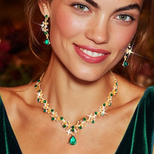 JAKAWIN Bride Silver Bridal Necklace Earrings Set Rhinestone Wedding Jewelry Set Formal Crystal Necklace for Women (4 Green) by JAKAWIN - Used condition - Image 2