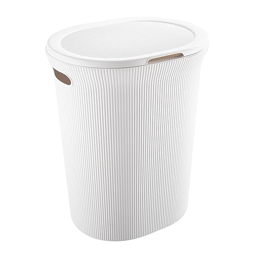 Image of Superio Ribbed Collection - Decorative Plastic Laundry Hamper with Lid and Cut-Out Handles, White (2 Pack) Basket Organzier for Bedroom Bathroom College Dorm Room 40 Liter