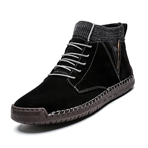 Image of Men's Vintage Hand Stitched Lace-Up Mid Loafers,Lace-up Chukka Dress Boot Motorcycle Walking Boots,Casual Leather Ankle Boots