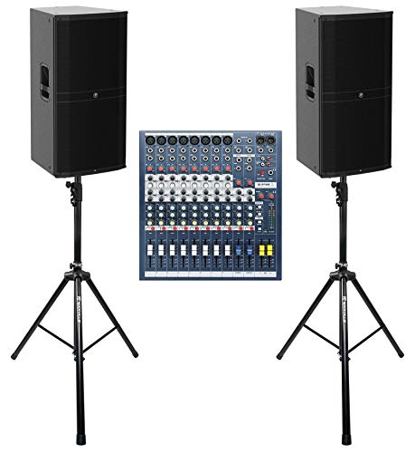 Audiosavings Bundle: (2) Mackie DRM315 Powered Active PA Speaker Bundle with (1) Soundcraft EPM8 Stereo Channel Recording Mixer Console EPM 8 & (2) Rockville DJ PA Tripod Speaker Stand (Items 5)
