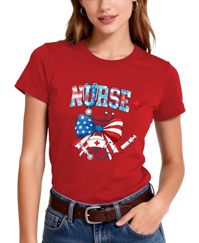 4th for July Nurse Shirt Women-Bow American Flag Nurse Short Sleeve Patriotic Nurse Top Bow Red White and Blue Shirts