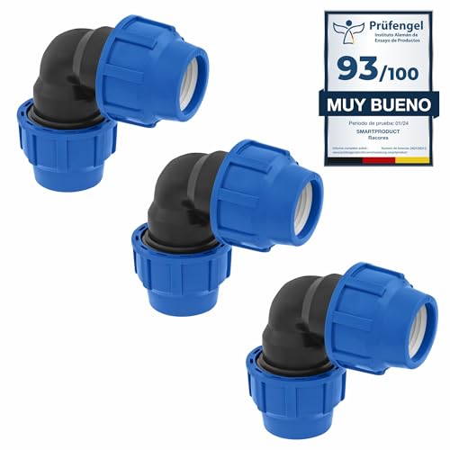 Smartproduct Codo de Compresión para Tubería de Polietileno de 20mm x 20 mm – 3 piezas - Accesorios de PP PN16 - Racor de Fontanería de 90 grados - Conectores de Aqua para Tuberías de PE80, PE100
