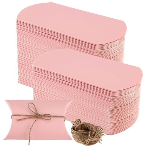 SEUNMUK 150 Pack 5.1 x 3.5 Inches Pink Pillow Boxes, Kraft Paper Gift Boxes with Jute Twines, Pink Pillow Candy Box Gift Box Party Wedding Favor for Anniversary, Birthday, Shower, Halloween