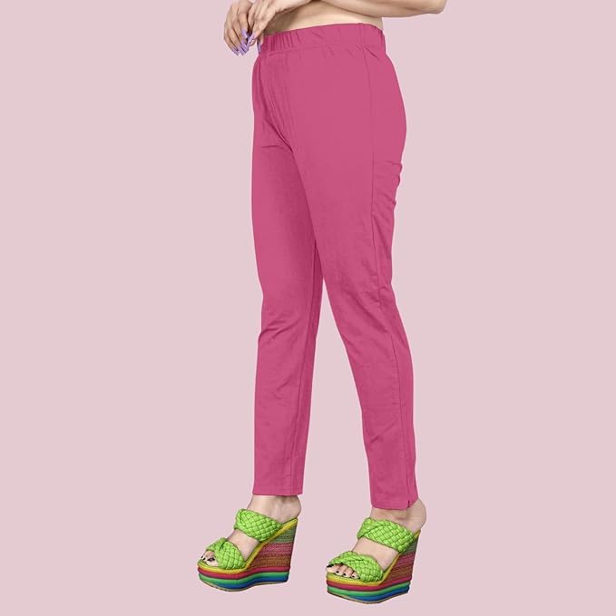 Image of Women's Solid Cotton Lycra Pants-High Waist Slim Fit Stretchable Leggings - Comfortable Long Trousers for Casual, Office & Everyday Wear