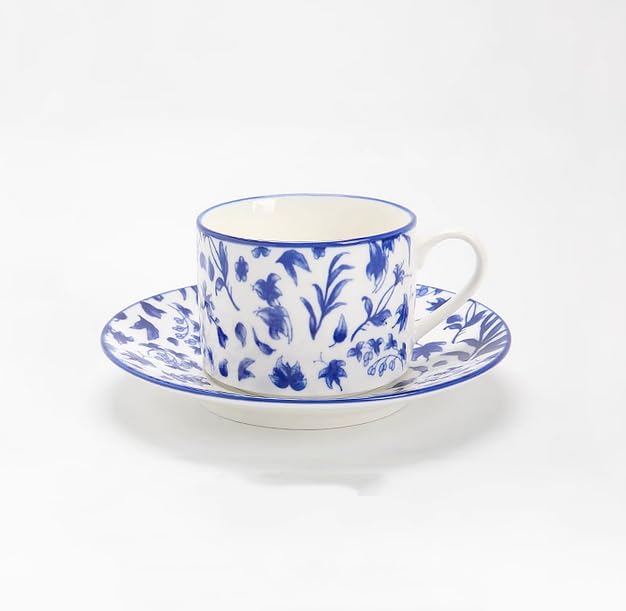 Handgefertigtes Kaffeetassen- und Untertassen-Set aus Keramik mit blauen Blättern Keramik-Kaffee- Teetassen- und Untertassen-Set Teller Hafermilchbecher Hochzeitsgeschenke