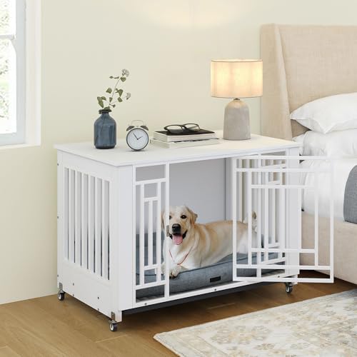 YITAHOME Dog Crate Furniture, 38.2' Heavy Duty Dog Cage, Wooden Side End Table with Wheels, Chew-Resistant Metal Dog Kennel with Removable Tray, Dog House Indoor for Small Medium Dogs, White