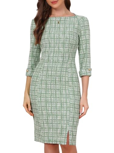 Image of Allegra K Tweed Dress for Women's Boat Neck 3 /4 Sleeve Elegant Work Pencil Sheath Dress