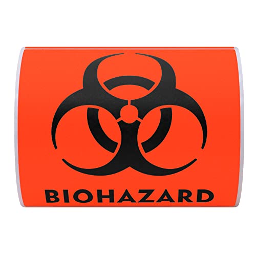 Hybsk 100 PCS Biohazard Labels Warning Sign 4 x 4 inch Fluorescent Red-Orange Hazardous Stickers for Hospital Waste Containers (Biohazard)