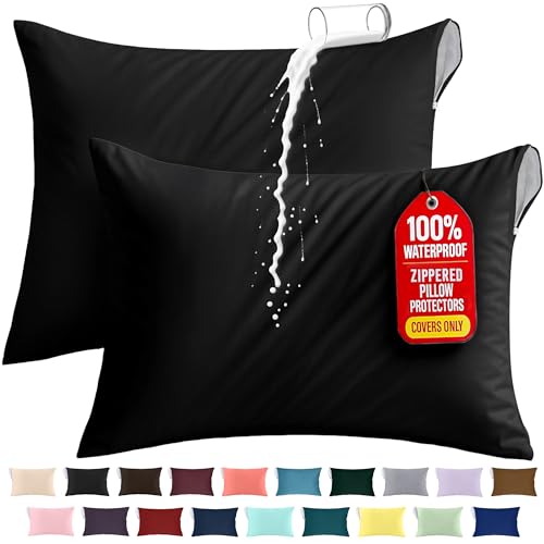Image of Utopia Bedding Premium 100% Waterproof Pillow Protectors with Zipper King Size (Set of 2), Bed Bug and Dust Mite Proof Zippered Pillow Covers, Pillow Encasement Cases, Black