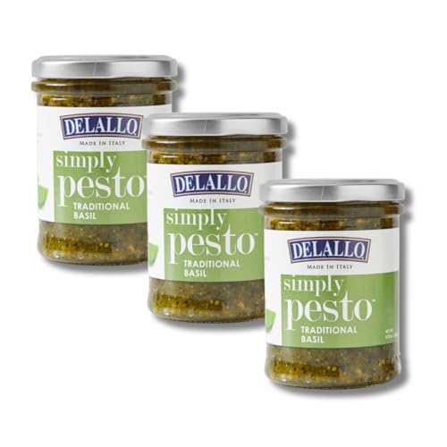 DeLallo Traditional Basil Pesto, Made in Italy, Gourmet Spread, Ready to Use Pasta Sauce, Made with Olive Oil and Parmesan Cheese, Non-GMO, 6.35 oz Jar, (3 Pack)