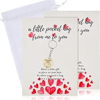 Little Pocket Hug Token Keyring Set Includes 4 Pieces Pocket Hug Keyrings,4 Pieces Greeting Cards with Organza Bags, Wooden Keyring Keepsake Present for Friends Family Wallet Backpack Party Favor