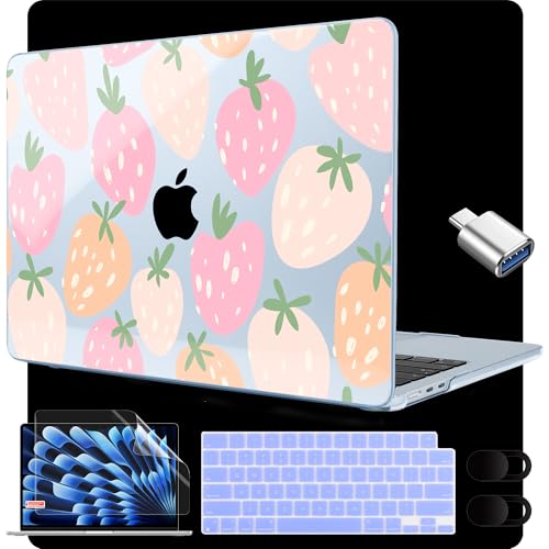 Image of MEEgoodo for M5 /M4 /M3 /M2 MacBook Air 15 inch Case 2026 2025 2024 2023, Case Fit Model (A3448 /A3241 /A3114 /A2941) for MacBook Air 15.3 inch, Cute Drawn Strawberries