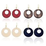 Just Follow 4 Pairs Round Wooden Statement Dangle Earrings for Women Girl Hollow Out Ethnic Wood Dro
