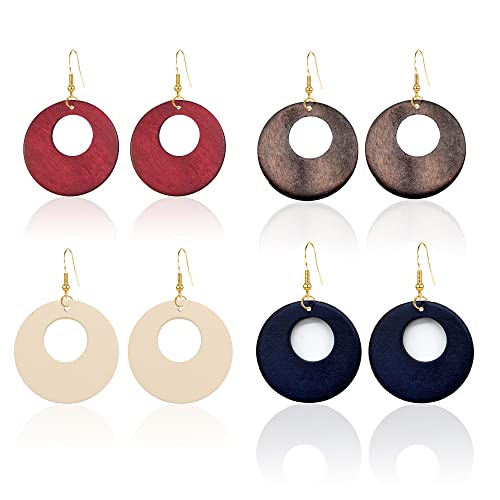 Just Follow 4 Pairs Round Wooden Statement Dangle Earrings For Women Girl Hollow Out Ethnic Wood Drop Earrings Stainless Steel Stud (B- 4 Pairs) #TOP18