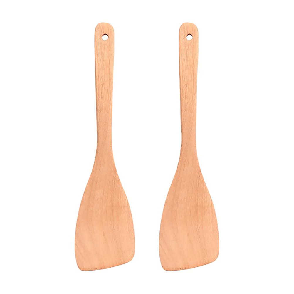 Holzspatel mit langem Griff, Küchenspatel, Kochutensilien, Pfannenwender, antihaftbeschichtet, flache Backspatel für Kochgeschirr, 2 Stück