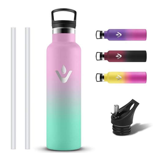 Grsta Botella Agua Acero Inoxidable, Botella Termica 750ml con Pajita y Filtro, Cantimplora Termica a Prueba de Fugas, Reutilizable Termo con 2 Tapones sin BPA para Gimnasio, Oficina, Bicicleta