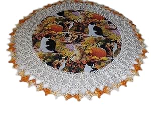 Fall Doily Cats and Pumpkins Table Topper Round Handmade Table Decoration Crochet 20 Inches Fall Centerpiece
