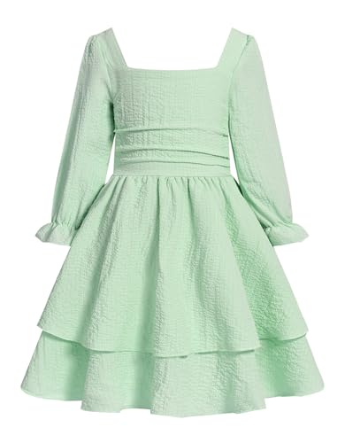 JiAmy Kid Dresses Girls Puff Long Sleeve Casual Elegant A Line Princess Midi Swing Skater Party for Teenagers Gown Prom for 13 Years,Green