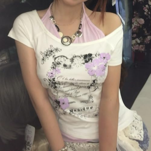 Baby Tee Y2k Women Grunge Top Emo 2000s Vintage Fake Two Piece Short Sleeve T Shirt Crop Tops Teens3