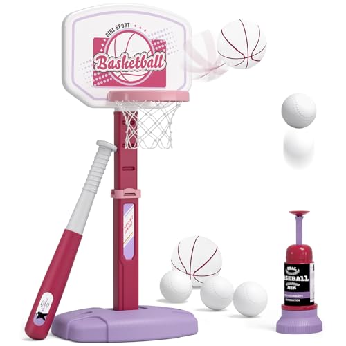 HYES 2 in 1 Kids Basketball Hoop and T Ball Set - Adjustable Height, Kids Baseball Tee with Automatic Pitching Machine, Indoor Outdoor Sport Toys Gifts for Toddler Boys Girls Age 1-5, Pink