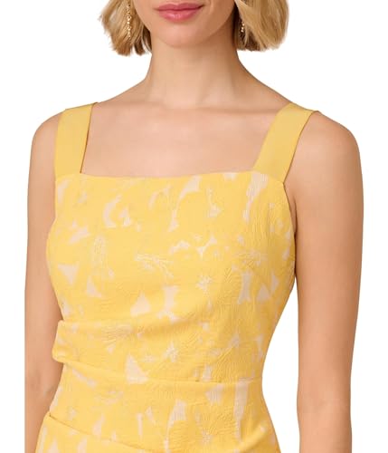 Image of Adrianna Papell Women's Hibiscus Jacquard Tucked Dress - Sleeveless Floral Mid Length Dress with Square Neckline & Back Slit