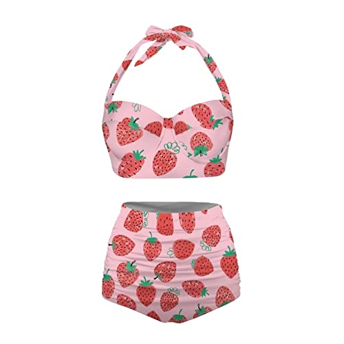 Yuuxorilu Conjunto de Bikini de Dos Piezas de Cintura Alta para Mujer, Bikini de Cintura Alta con Parte Inferior, Strawberry, XXL