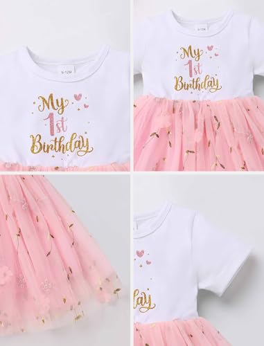 ODASDO Baby Girls First Birthday Outfit Cotton Short Sleeve Tulle Tutu Princess Dress with Bowknot Headband Set4