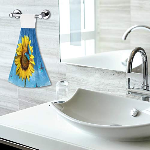Summer Sunflowers Butterfly Kitchen Hand Towels Blue Sky Hanging Towel Dish Towel With Loop 2Pcs, Soft Super Absorbent Dishcloths Fingertip Towel For Bathroom 12X17 In #TOP5