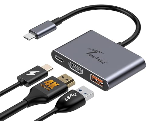 Image of Techie 3-in-1 Type-C HDMI Hub with 4K 60Hz Output 100W Power Delivery Charging and USB 3.2 10Gbps Port for MacBook iPad Pro Windows Laptops and Tablets