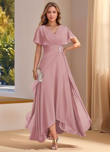 V Neck Chiffon Mother of The Bride Dress with Short Sleeve for Women Long Formal Party Dress4
