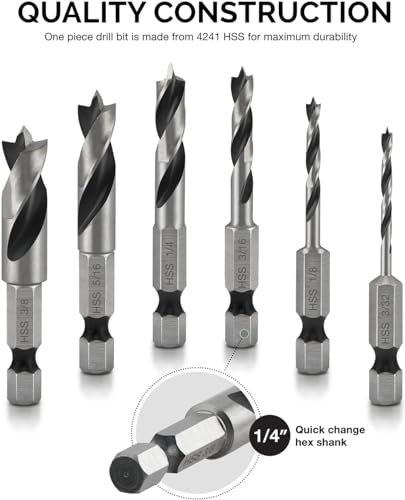 image for NEIKO 11401A 6 Piece Brad Point Drill Bit Set, Stubby Drill Bit Set fo