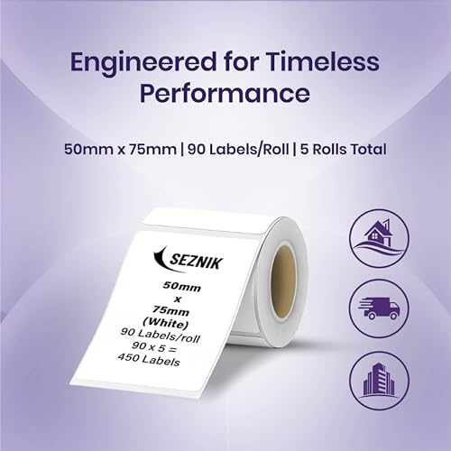 Image of Seznik Thermal Sticky Labels - 50x75 mm - White - Pack of 5 Rolls (50mmx75mm - 450 Lables)