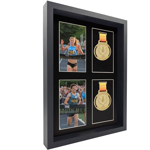 MedalAwardsRack Shadow Box Display (4 Medals) – Wall-Mounted, Tempered Glass, Wood Frame - Marathon, Triathlon, and More - Black by MedalAwardsRack - Used condition - US$57.00