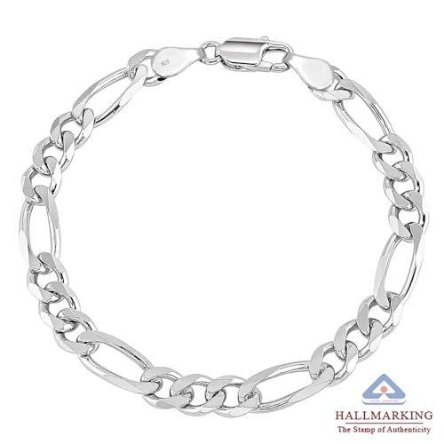 Image of TRUESILVER ACPL Solid 925 Sterling Silver Figaro Link Chain Bracelet | Italian Diamond-Cut 4MM Figaro Chain Bracelet for Women Men (7, 7.5, 8, 8.5, 9 Inches)