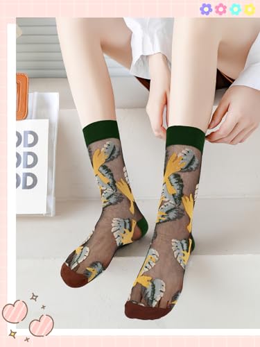8 Pairs Women Floral Sheer Sock Vintage Embroidered Elastic See Through Socks Summer Thin Mesh Lace Jacquard Socks Cottagecore Accessories2