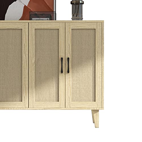 Panana Buffet Storage Cabinet With Rattan Decorating 4 Doors Living Room Kitchen Sideboard 48.43 X 34.65 X 15 Inch (Natural Wood) #TOP3