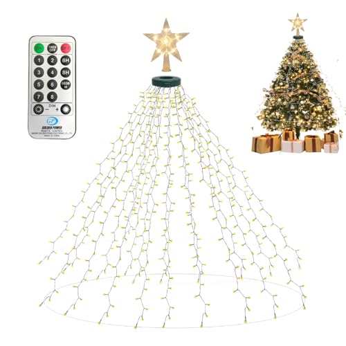 BeauFIvv Guirlande lumineuse pour sapin de Noël avec anneau et étoile, 450 LED Éclairage pour sapin de Noël 2 m x 18 fils, 8 modes d'éclairage Étanche pour sapin de 150 cm à 200 cm-Blanc Chaud