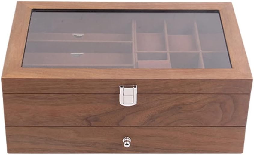 6+3 Grids Wooden Watch Organizer Glass Lock Layer Retro Glasses Jewelry Box Display Case Storage Casket