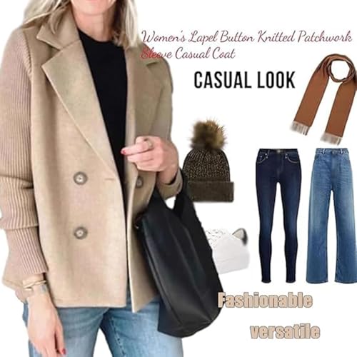 Women's Lapel Button Knitted Patchwork Sleeve Casual Coat Cropped,Women's Patchwork Double Breasted Blazer Sweater4