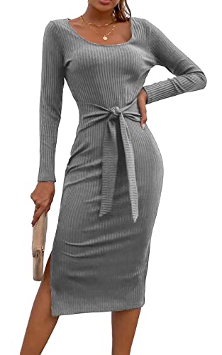 PRETTYGARDEN Women’s Long Sleeve Square Neck Slit Bodycon Midi Sweater Dress Tie Waist Ribbed Knit Long Dress (Dark Grey, Small)