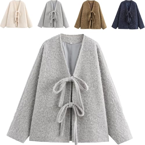 Women's Tie Front Bow Cardigan Wool Peacoat Jacket, Oversized Short